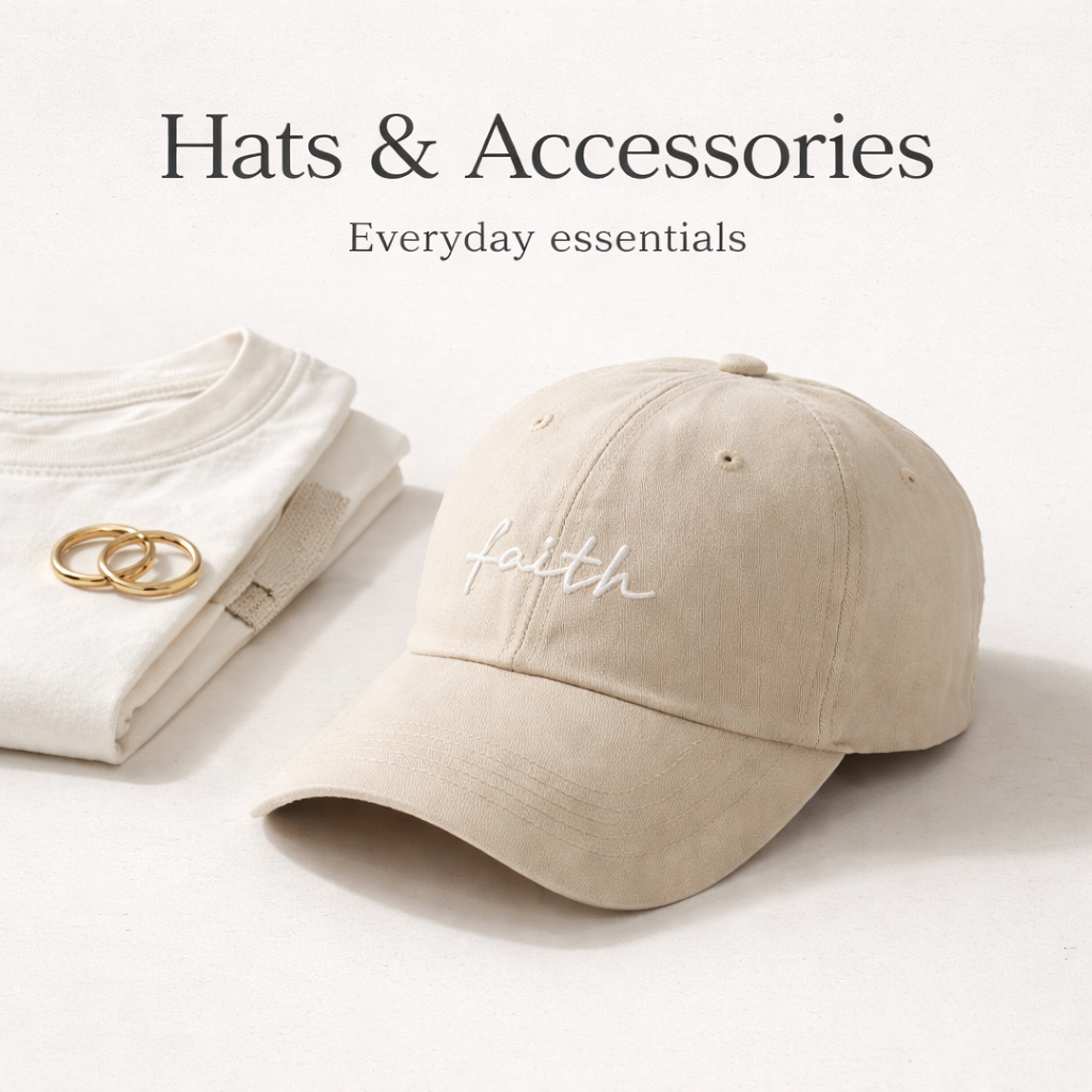 Hats and accessories collection featuring a neutral embroidered cap with minimal everyday accessories on a clean background