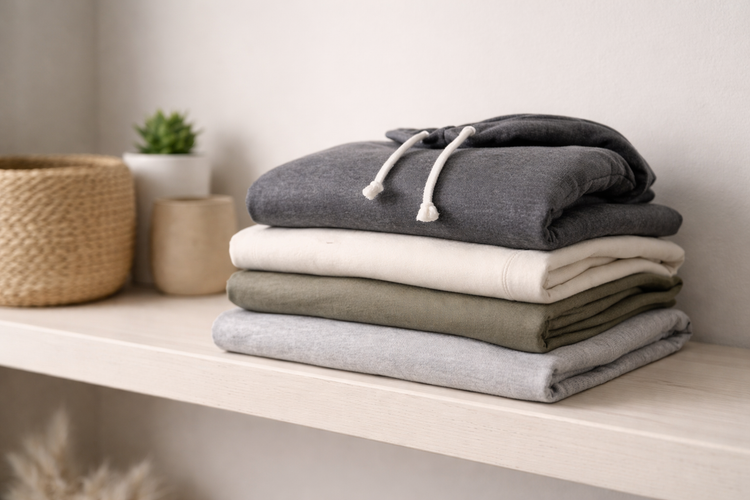 Neutral folded apparel on a shelf representing experimental and limited collections