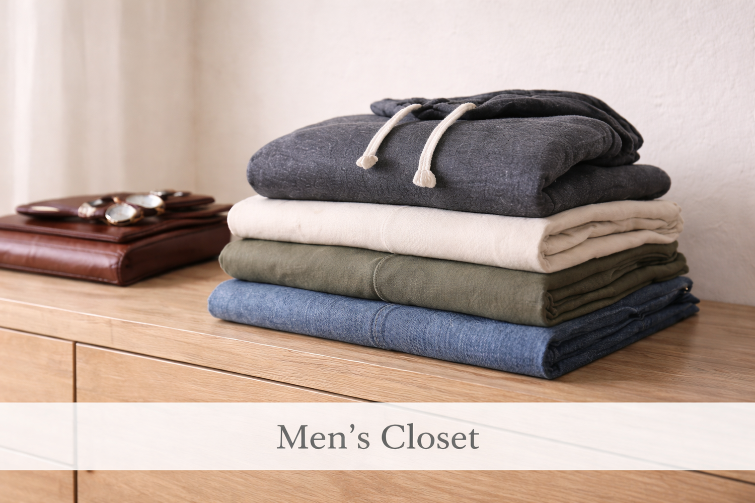 Men’s apparel folded on a shelf in a clean, minimal environment.