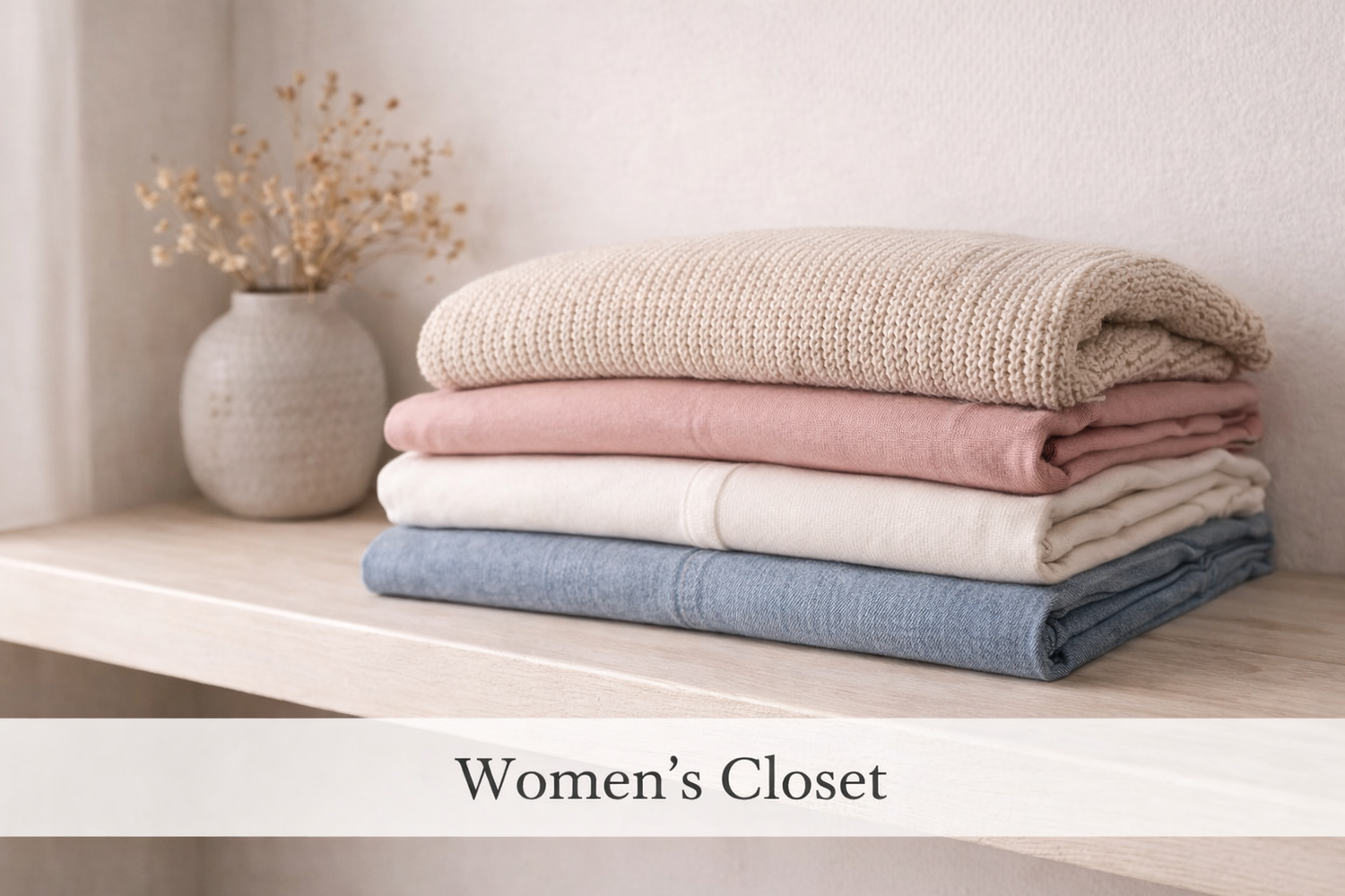 Folded women’s apparel in a neutral setting representing the women’s collection.