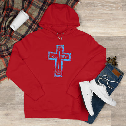 God First Hoodie Sweatshirt with Decorative Cross Design - All Baby Blue Color