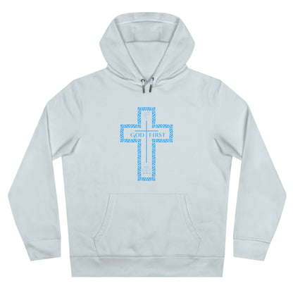 God First Hoodie Sweatshirt with Decorative Cross Design - All Baby Blue Color