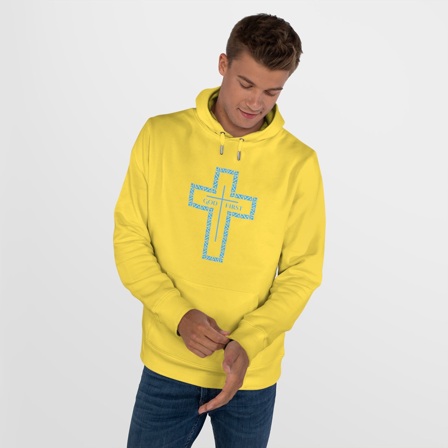 King Hooded Sweatshirt – Light Blue "God First" Cross Design