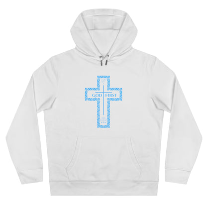 God First Hoodie Sweatshirt with Decorative Cross Design - All Baby Blue Color