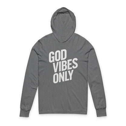 Gray unisex hooded long sleeve tee with "God Vibes Only" text, lightweight cotton, crossover V-neck