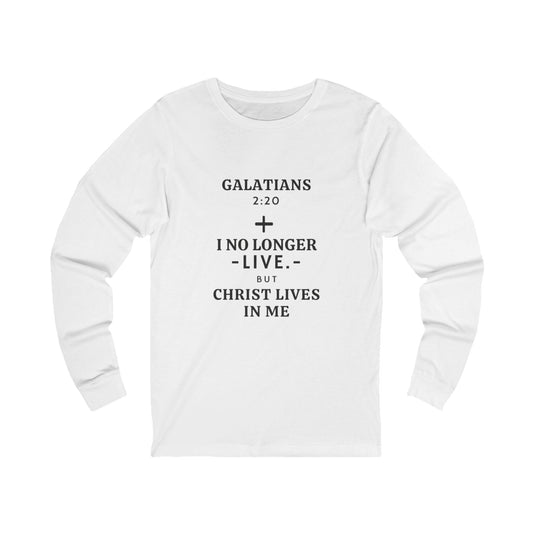 White Galatians 2:20 long sleeve t-shirt with cross and scripture text, unisex Christian apparel