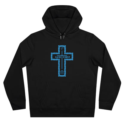 God First Hoodie Sweatshirt with Decorative Cross Design - All Baby Blue Color