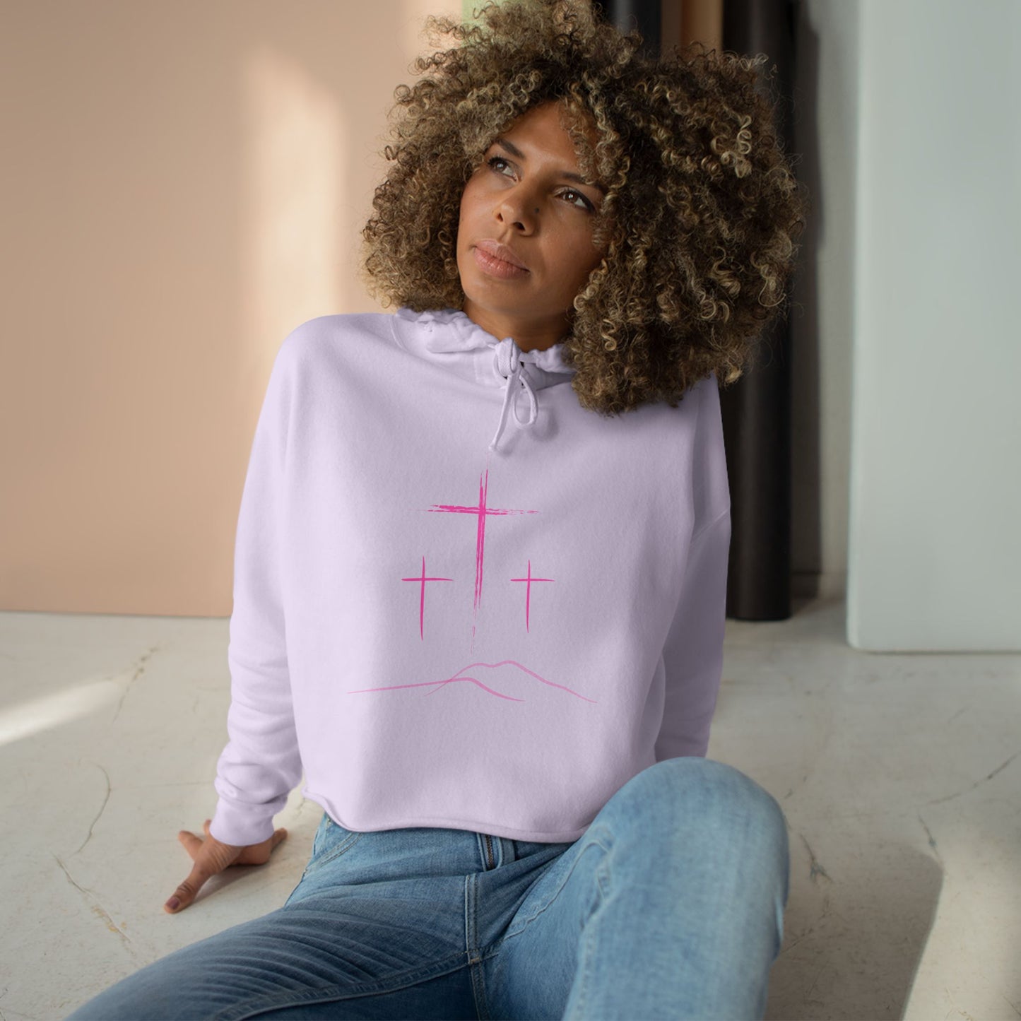 3 Pink Crosses Crop Hoodie - Minimalist Design