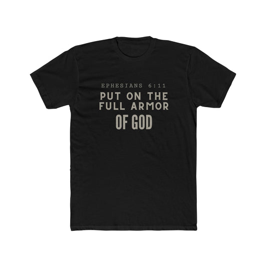 Black Ephesians 6:11 T-shirt with "Put on the Full Armor of God" scripture text, soft cotton blend faith apparel