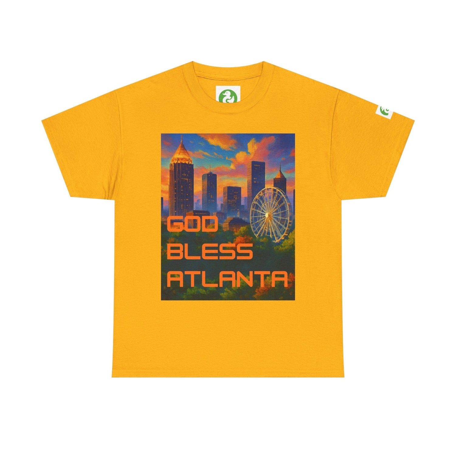 Yellow God Bless Atlanta tee shirt with city skyline and Ferris wheel design