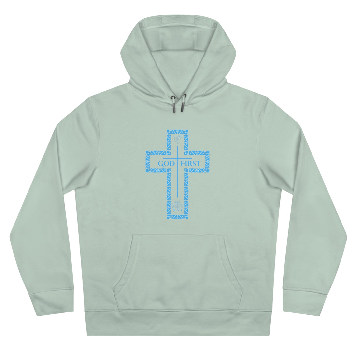 God First Hoodie Sweatshirt with Decorative Cross Design - All Baby Blue Color
