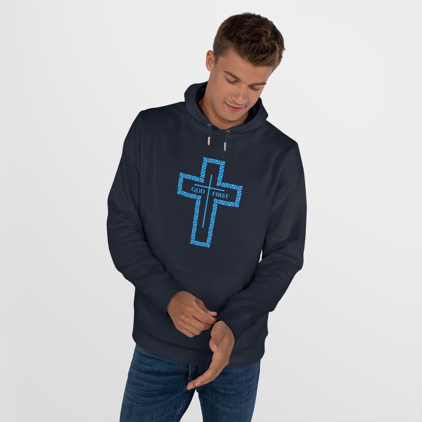 King Hooded Sweatshirt – Light Blue "God First" Cross Design