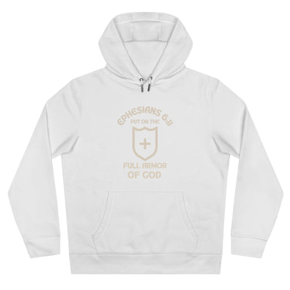 White Ephesians 6:11 Hoodie with shield and cross design, full armor of God scripture, heavyweight fleece, front pocket, unisex fit