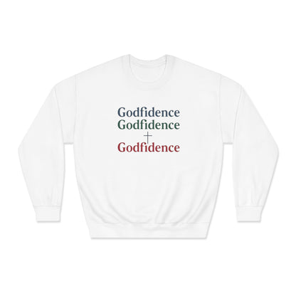 White Godfidence unisex crewneck sweatshirt with multicolor text design and long sleeves