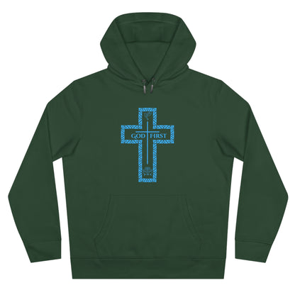 God First Hoodie Sweatshirt with Decorative Cross Design - All Baby Blue Color