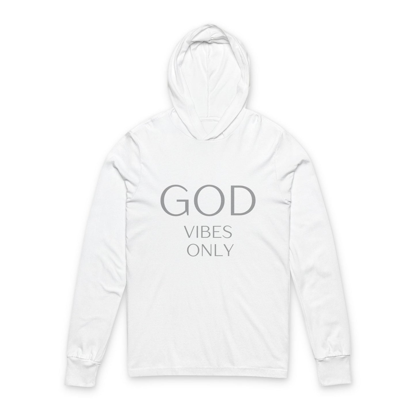 White unisex hooded long sleeve tee with God Vibes Only print, lightweight cotton, crossover V-neck, casual comfort