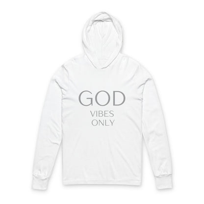 White unisex hooded long sleeve tee with God Vibes Only print, lightweight cotton, crossover V-neck, casual comfort