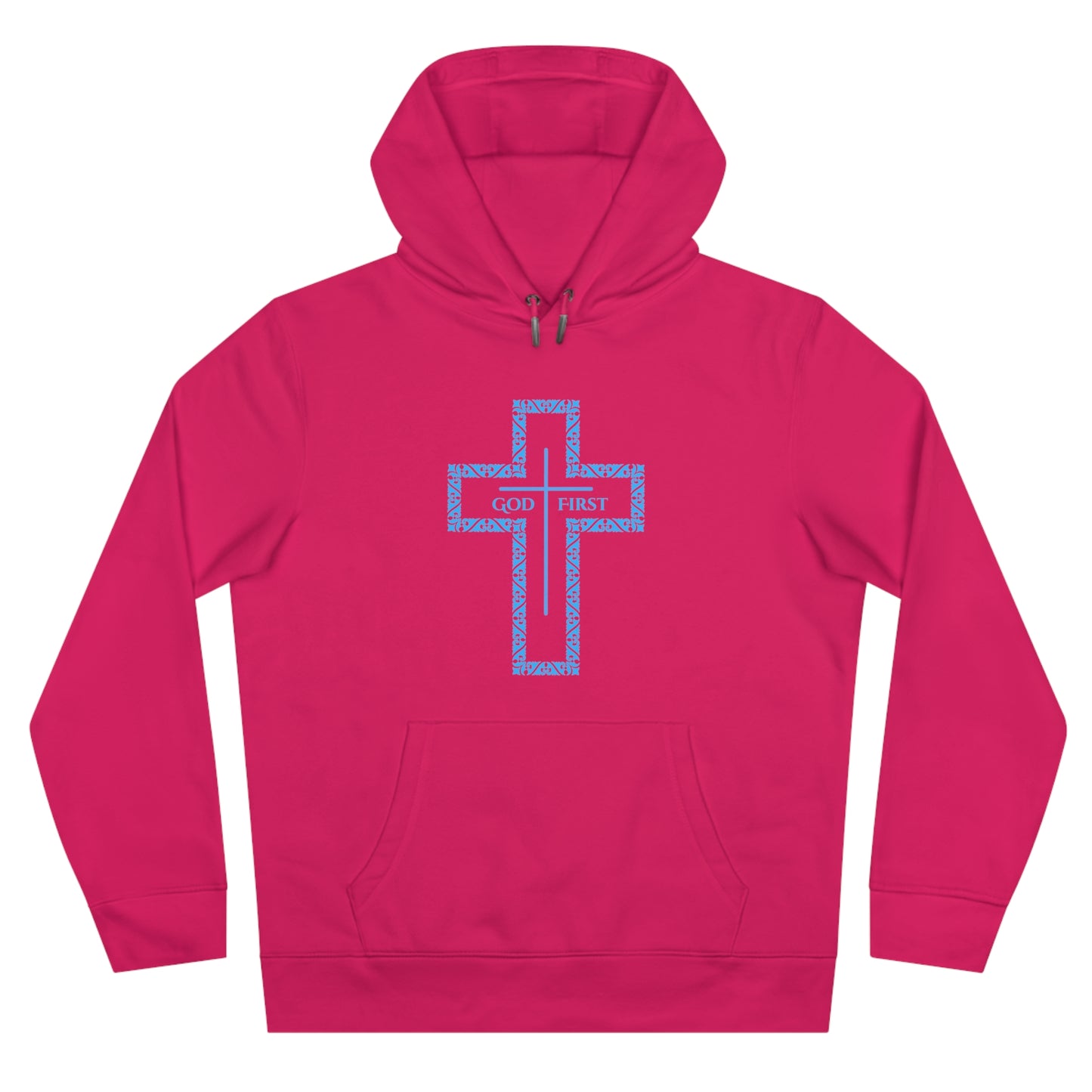 King Hooded Sweatshirt – Light Blue "God First" Cross Design