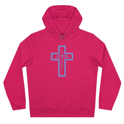King Hooded Sweatshirt – Light Blue "God First" Cross Design