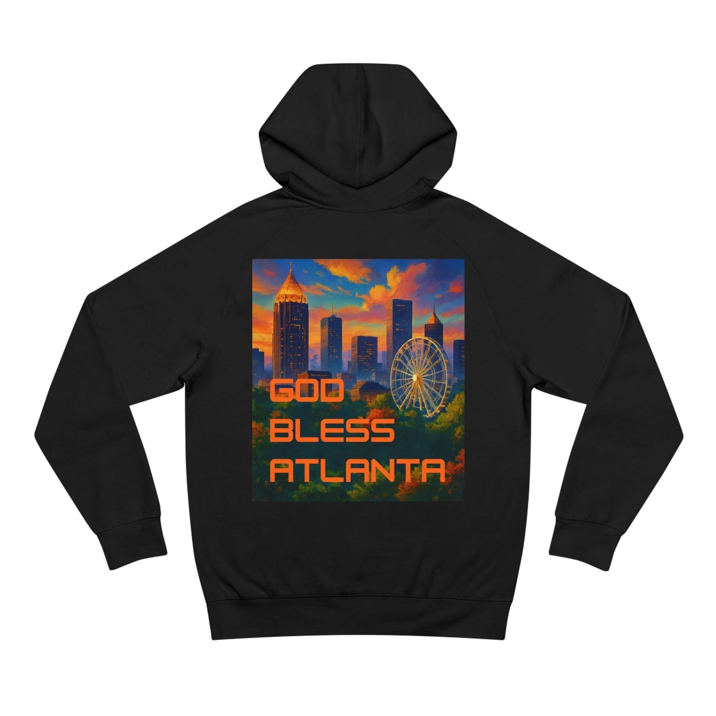 Black unisex Vibrant Atlanta Hoodie with colorful city skyline and "God Bless Atlanta" text, cozy urban wear.