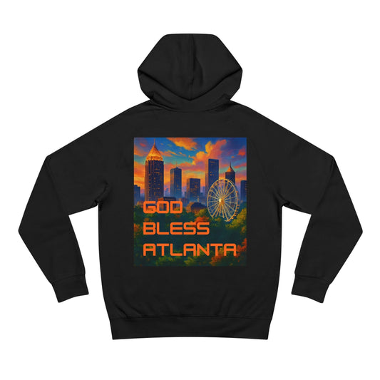 Black unisex Vibrant Atlanta Hoodie with colorful city skyline and "God Bless Atlanta" text, cozy urban wear.