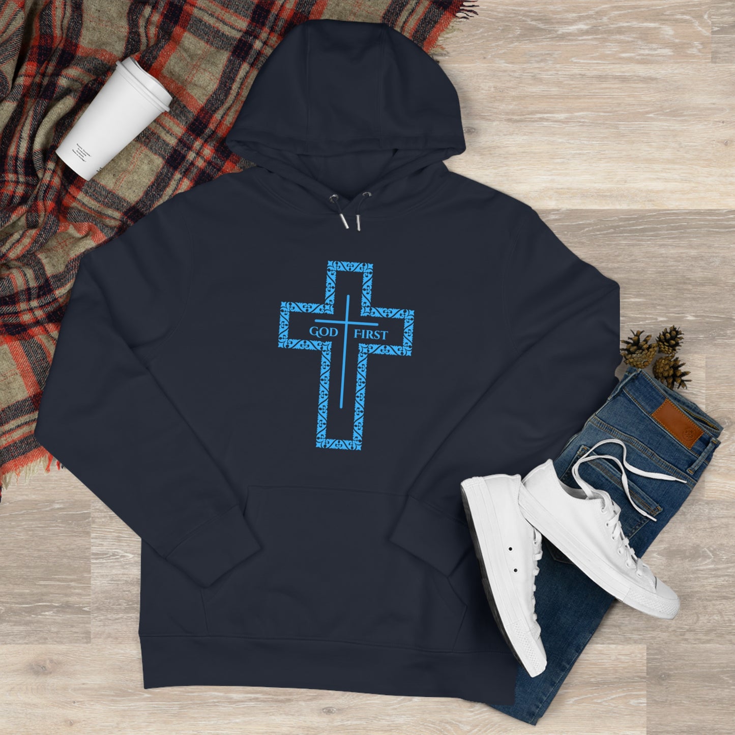 King Hooded Sweatshirt – Light Blue "God First" Cross Design