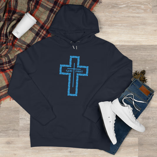 King Hooded Sweatshirt – Light Blue "God First" Cross Design