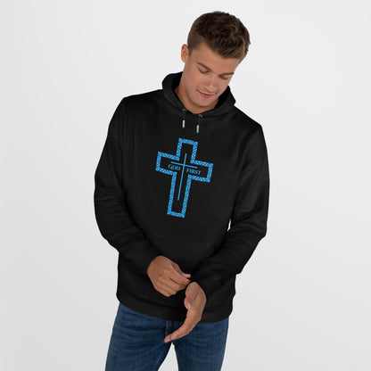 King Hooded Sweatshirt – Light Blue "God First" Cross Design