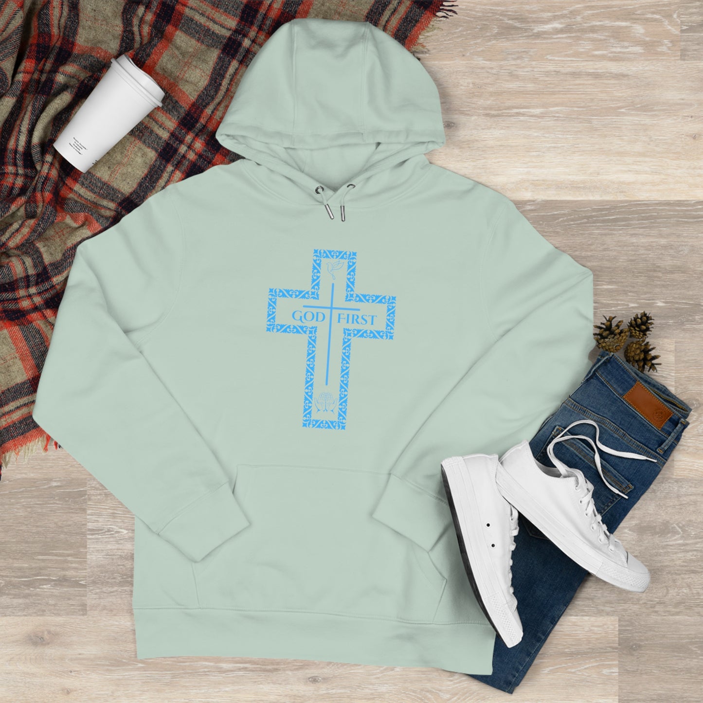 God First Hoodie Sweatshirt with Decorative Cross Design - All Baby Blue Color