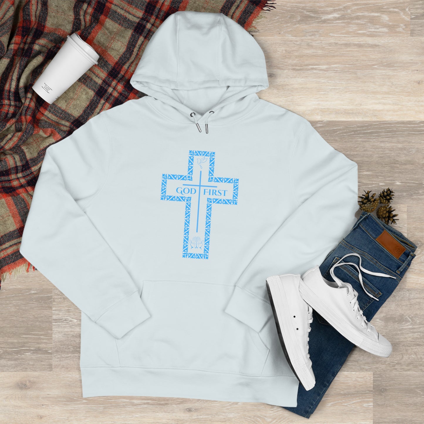 God First Hoodie Sweatshirt with Decorative Cross Design - All Baby Blue Color