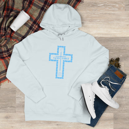 God First Hoodie Sweatshirt with Decorative Cross Design - All Baby Blue Color