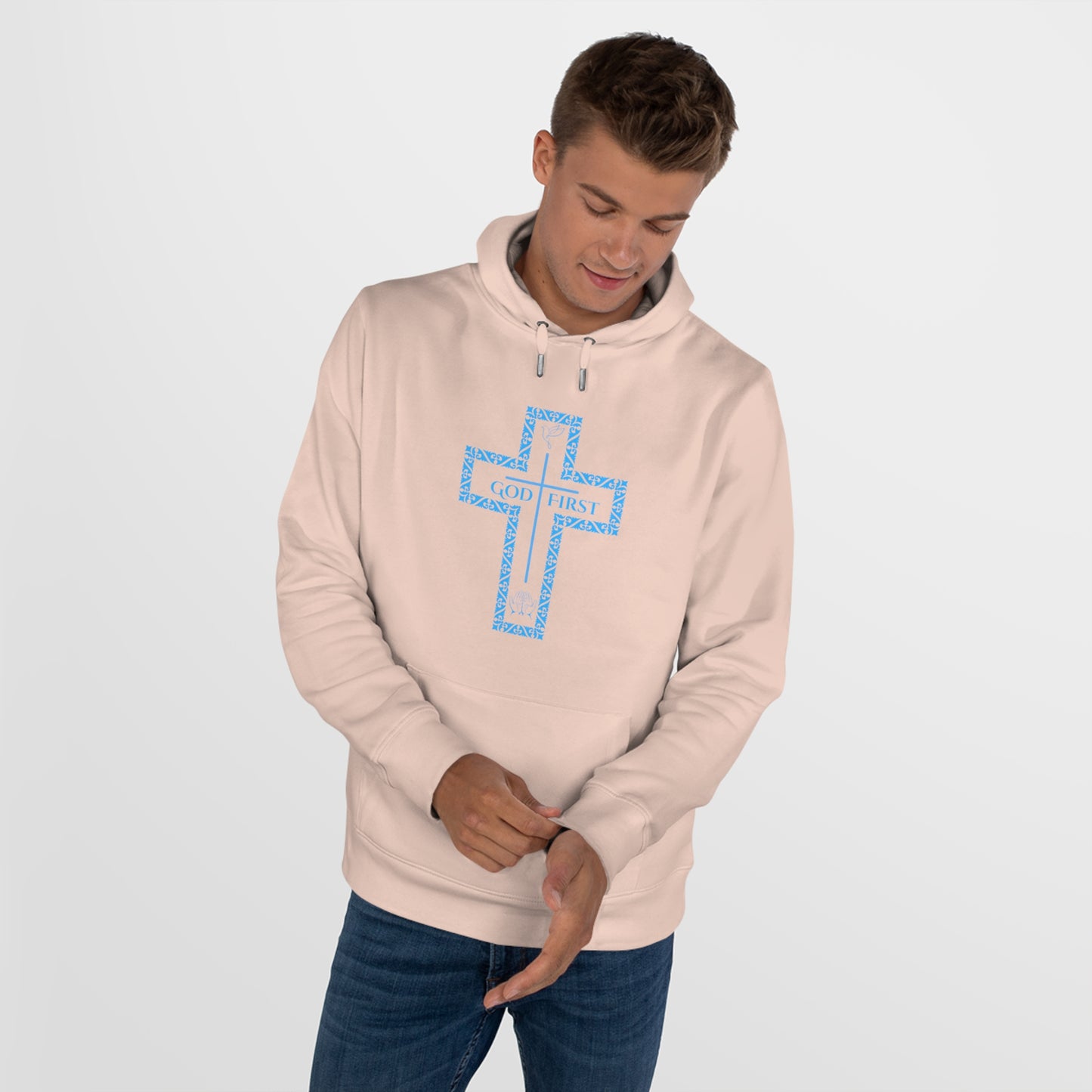 God First Hoodie Sweatshirt with Decorative Cross Design - All Baby Blue Color