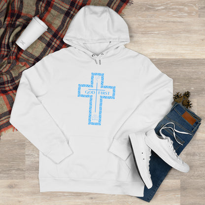 God First Hoodie Sweatshirt with Decorative Cross Design - All Baby Blue Color