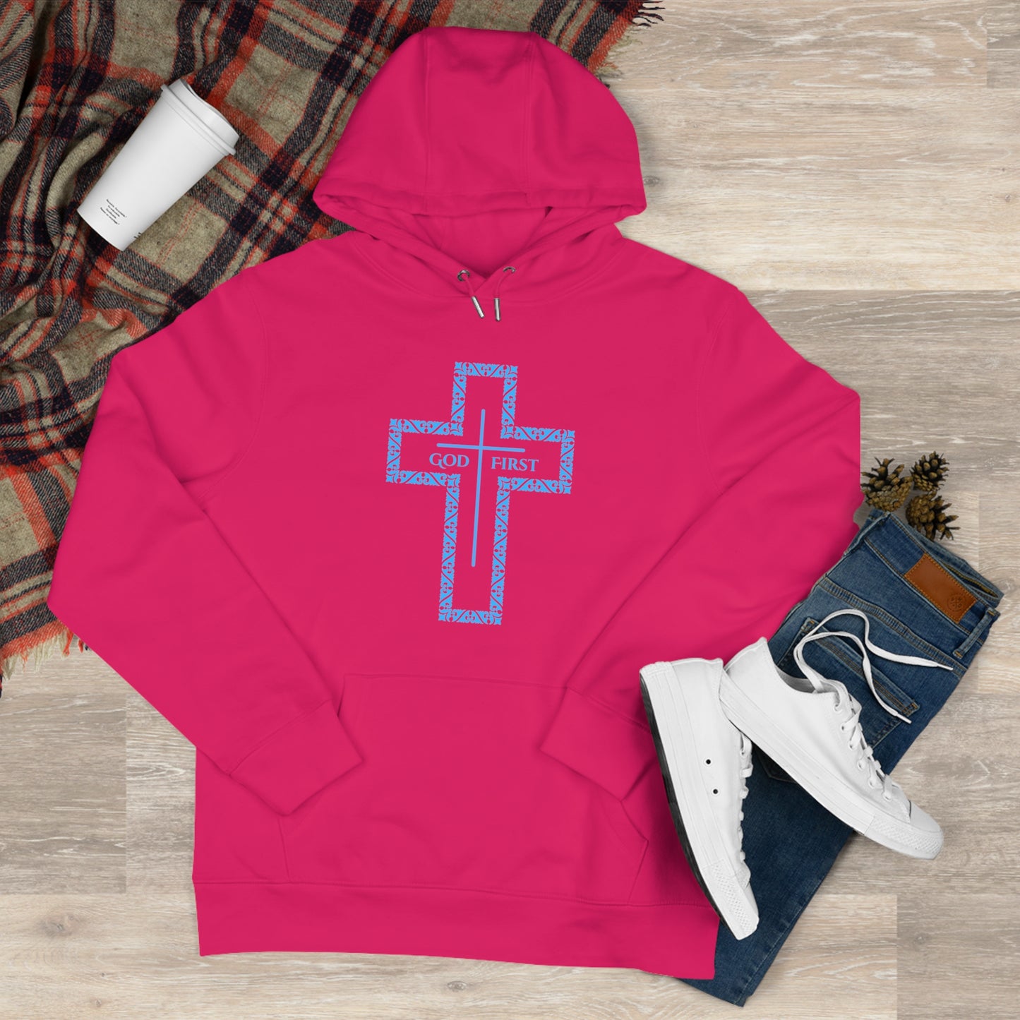 King Hooded Sweatshirt – Light Blue "God First" Cross Design