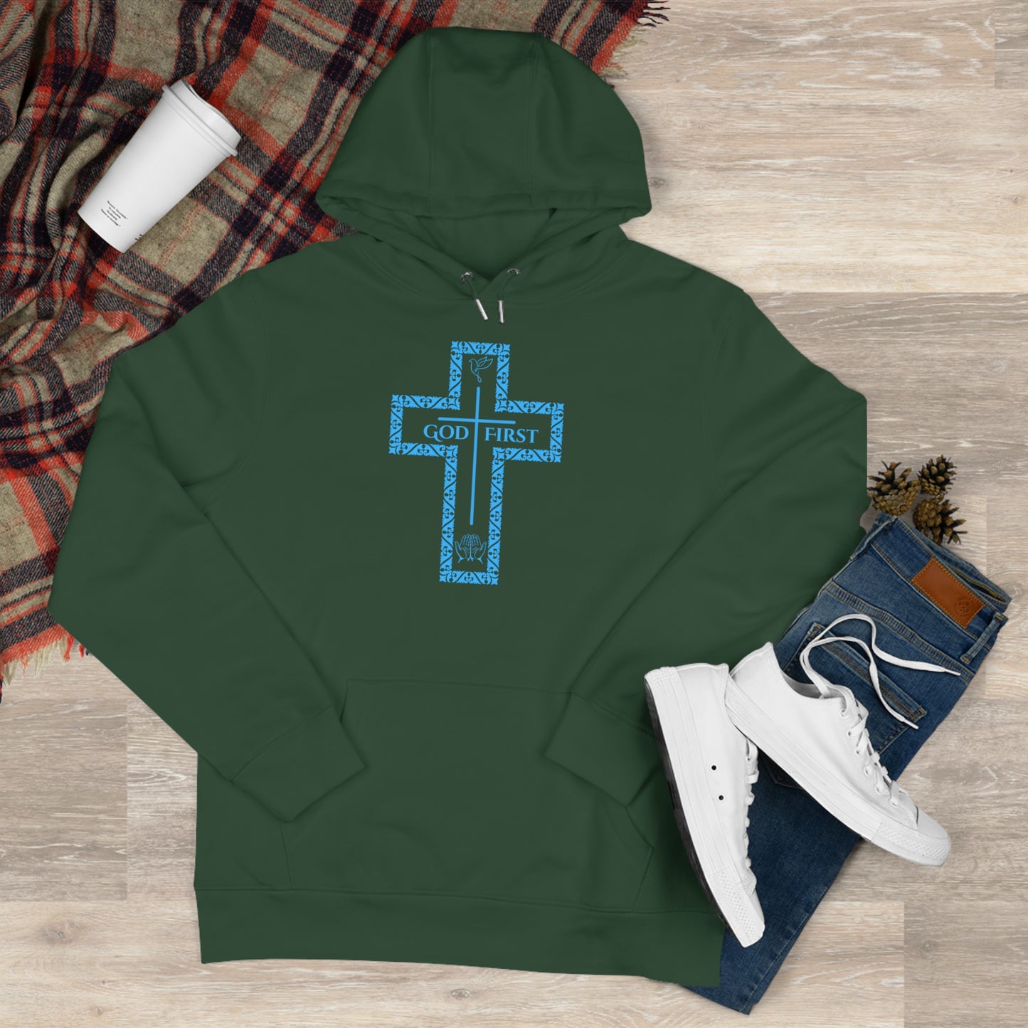 God First Hoodie Sweatshirt with Decorative Cross Design - All Baby Blue Color