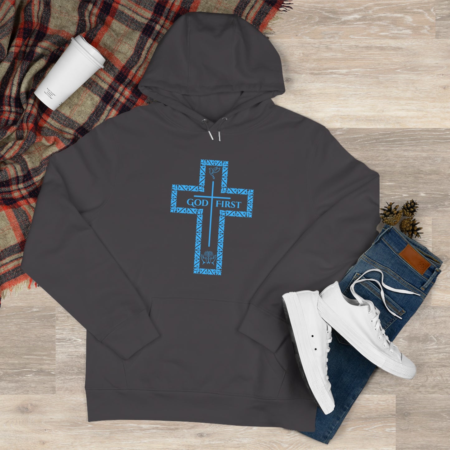 God First Hoodie Sweatshirt with Decorative Cross Design - All Baby Blue Color