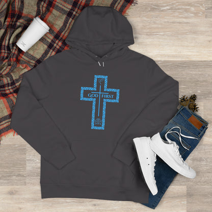 God First Hoodie Sweatshirt with Decorative Cross Design - All Baby Blue Color
