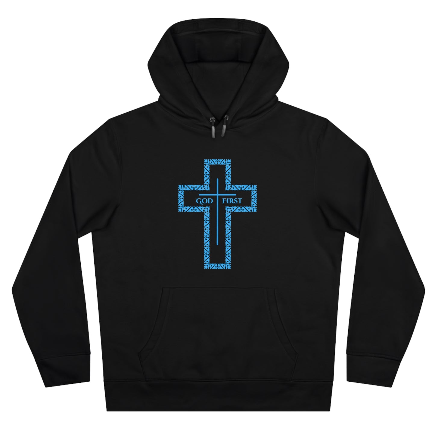 King Hooded Sweatshirt – Light Blue "God First" Cross Design
