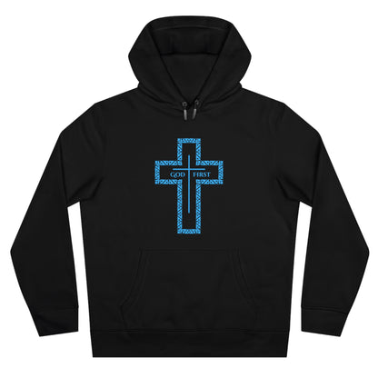 King Hooded Sweatshirt – Light Blue "God First" Cross Design