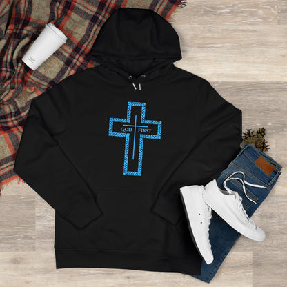 King Hooded Sweatshirt – Light Blue "God First" Cross Design