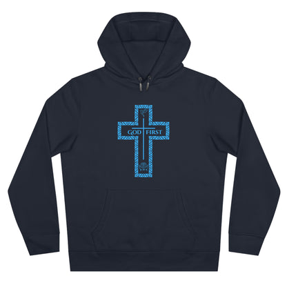 God First Hoodie Sweatshirt with Decorative Cross Design - All Baby Blue Color