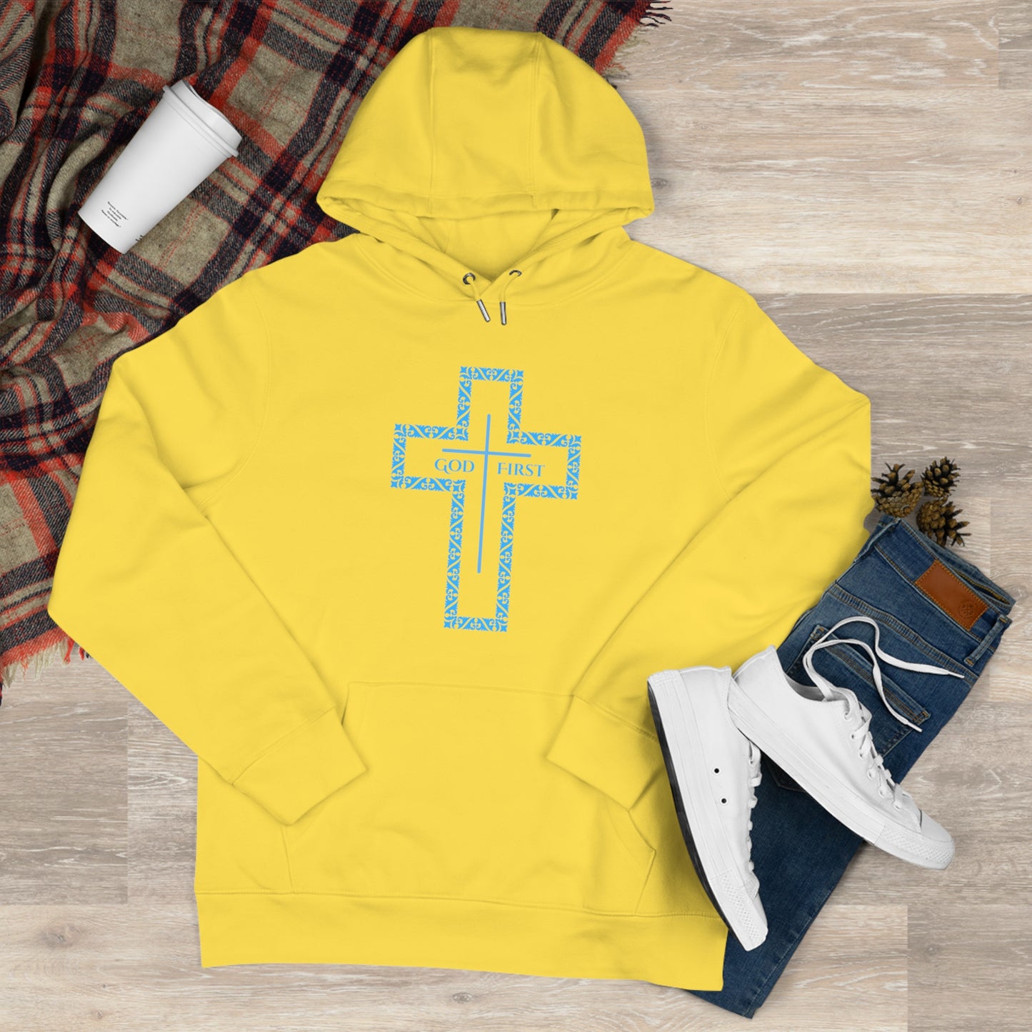 King Hooded Sweatshirt – Light Blue "God First" Cross Design