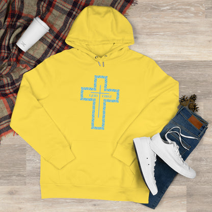 King Hooded Sweatshirt – Light Blue "God First" Cross Design