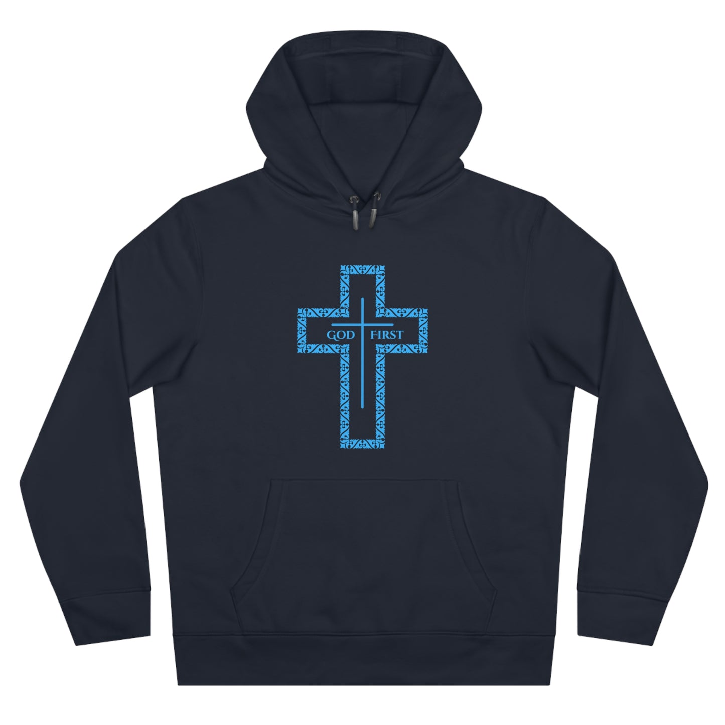 King Hooded Sweatshirt – Light Blue "God First" Cross Design