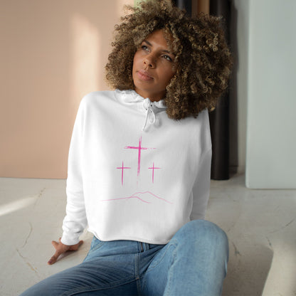 3 Pink Crosses Crop Hoodie - Minimalist Design