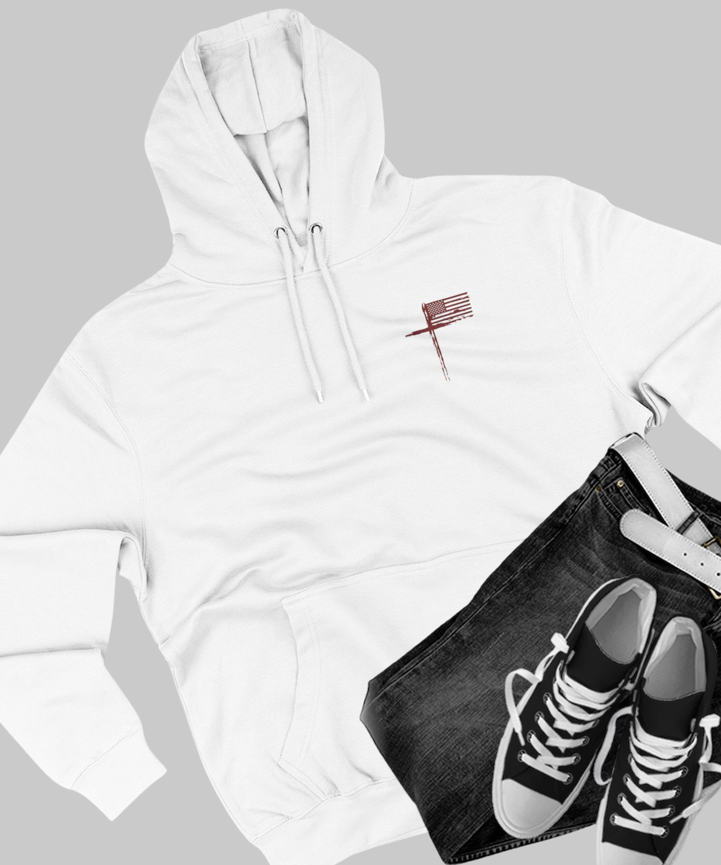 ✝️ Minimalist American Flag Hoodie — Subtle Distressed Faith & Freedom Pullover