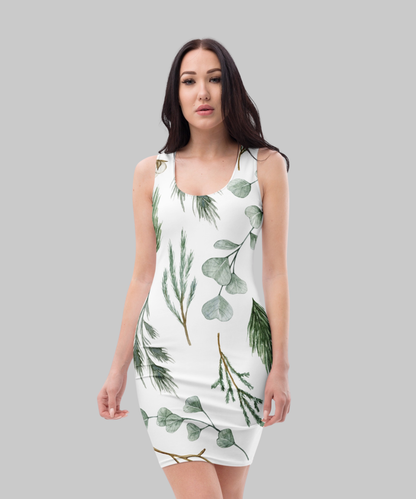 ✝️ Green & White Botanical Bodycon Dress — Fresh Everyday Style