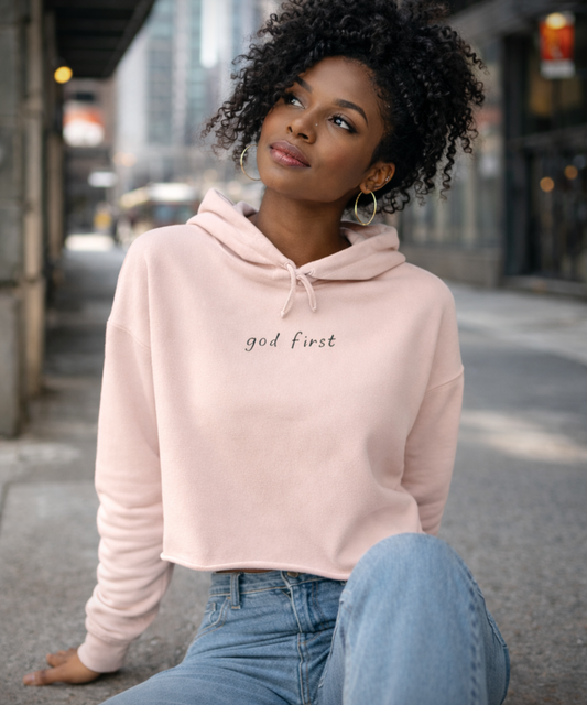 ✝️ God First Cropped Hoodie | Minimal Faith-Inspired Pastel Sweatshirt